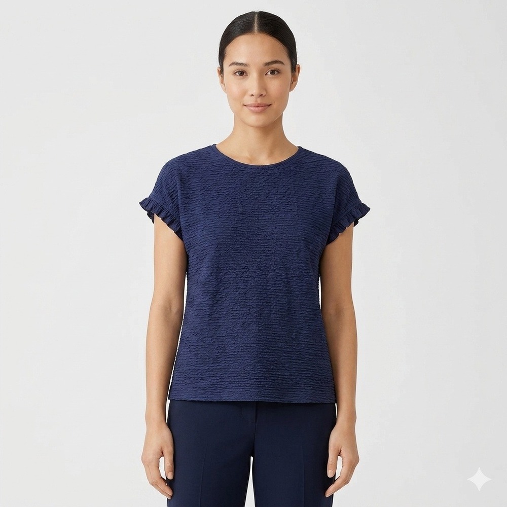 Navy Blue Blouse Womens Small Textured Ruffle Sleeve Crew Neck Crinkle Office